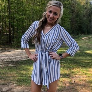 Vneck Belted Dress Striped Ivory Blue